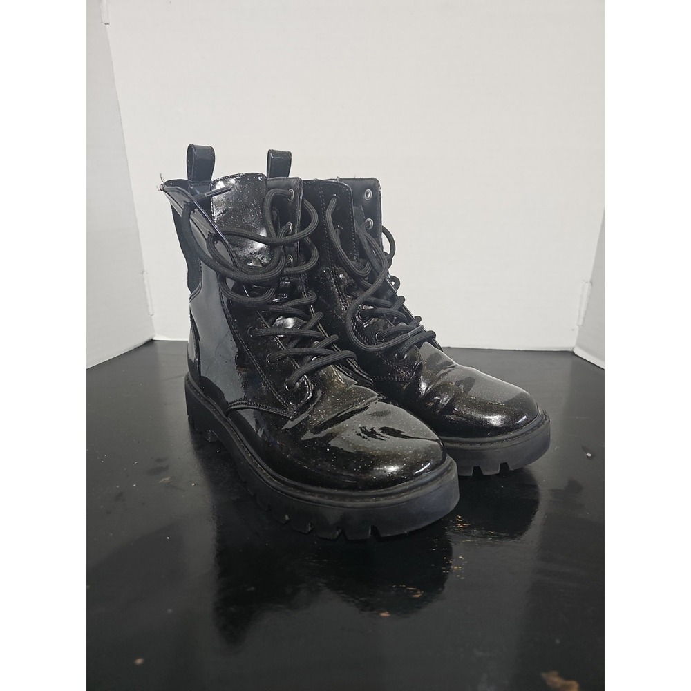 Girls Black Combat Boots Patent Lace Up Chunky Lug Sole Size 5 Art...